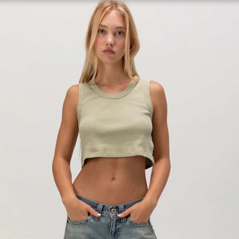 VANS WOMEN’S DREW RIBBED TANK TOP IN SAGE LOW NECK RIB KNIT BINDING DETAIL NWT
